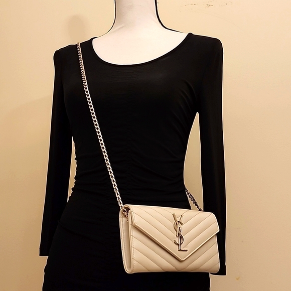 YSL Cloud Gray Caviar Flap Crossbody Large Purse Clutch WOC + Box - Picture 3 of 16